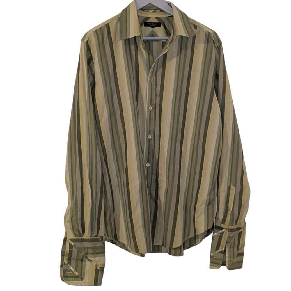 Ted Baker London Vintage Mens Size 5 XL Green Striped Button Down Cotton Shirt